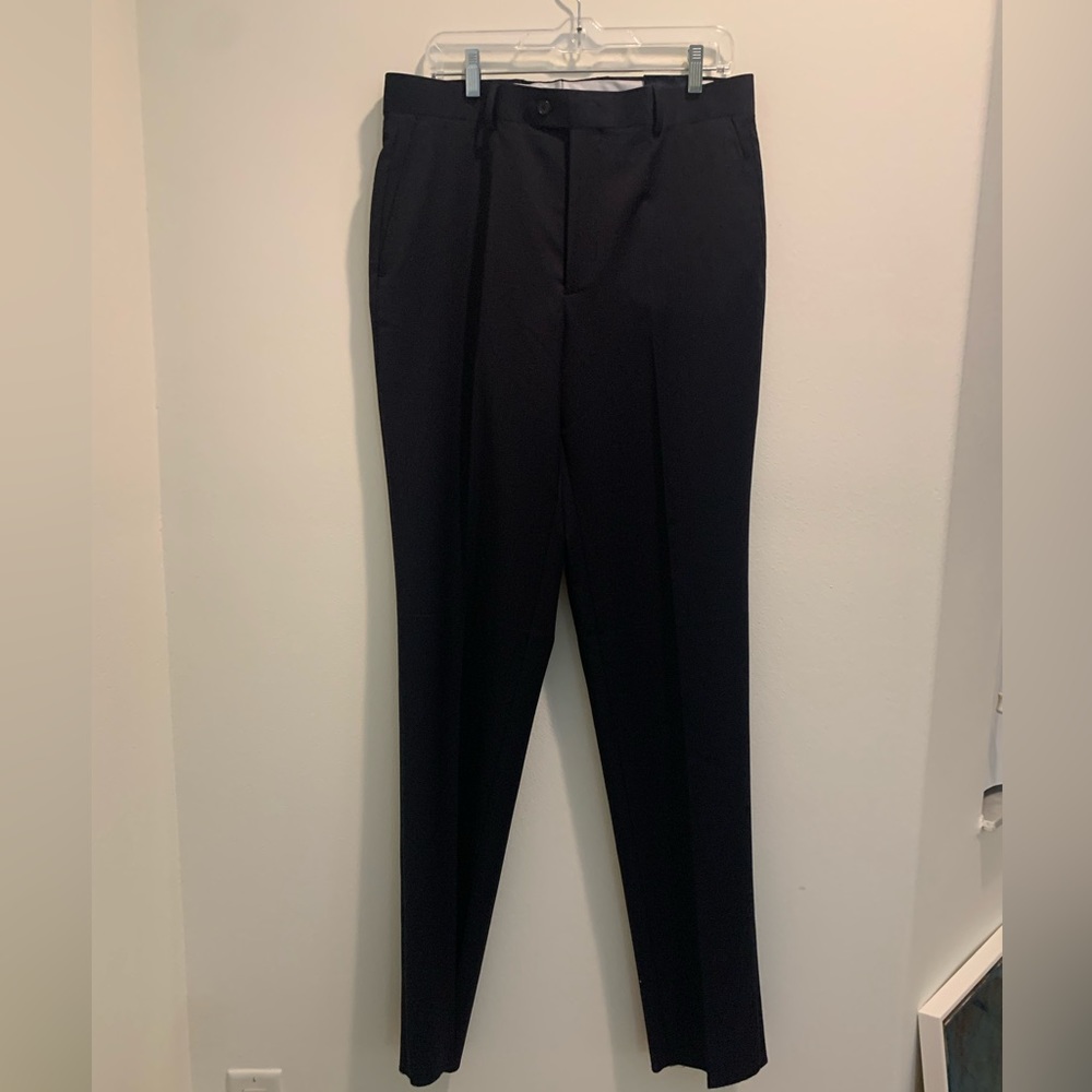 Mens 34R Shawn Wool Blend Dress Pants Trousers Black Flat Front Unfinished Hem